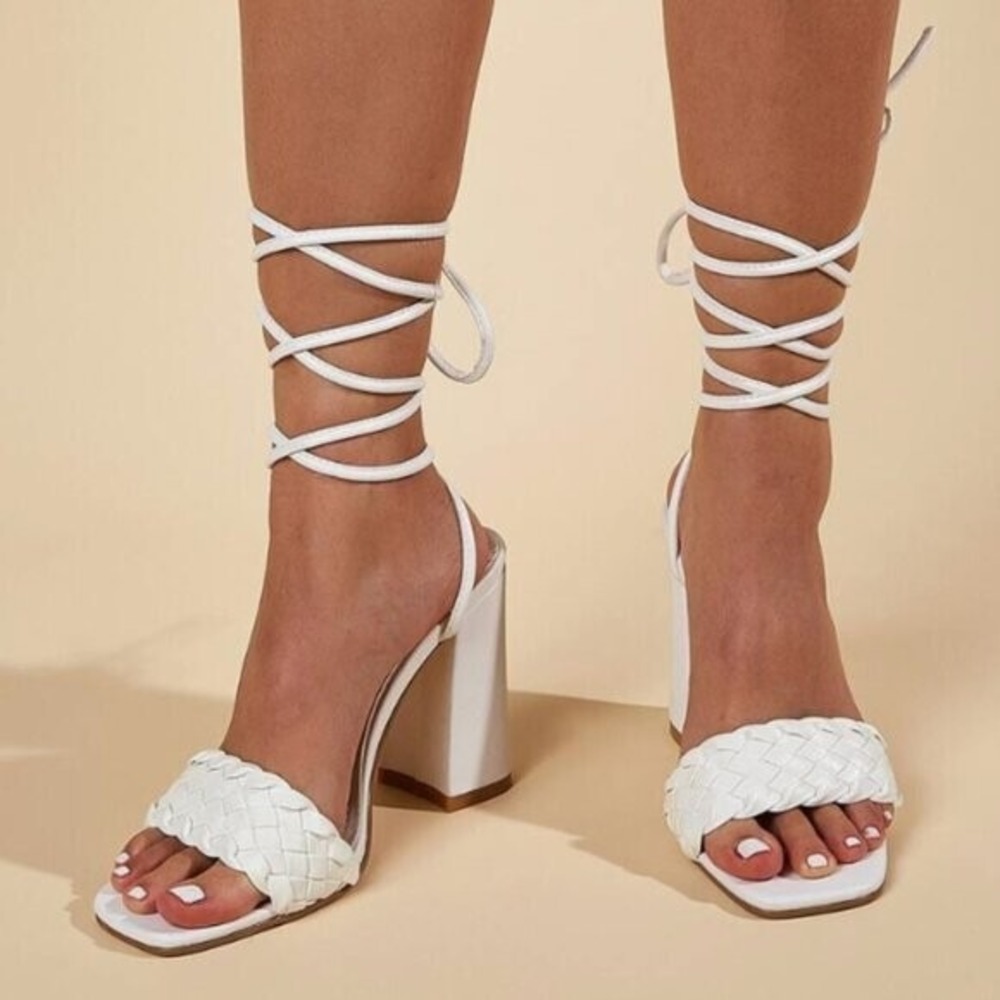 White Lace Up Heels Square Toe Braided Block Heel Sandals Size 36 or 5.5